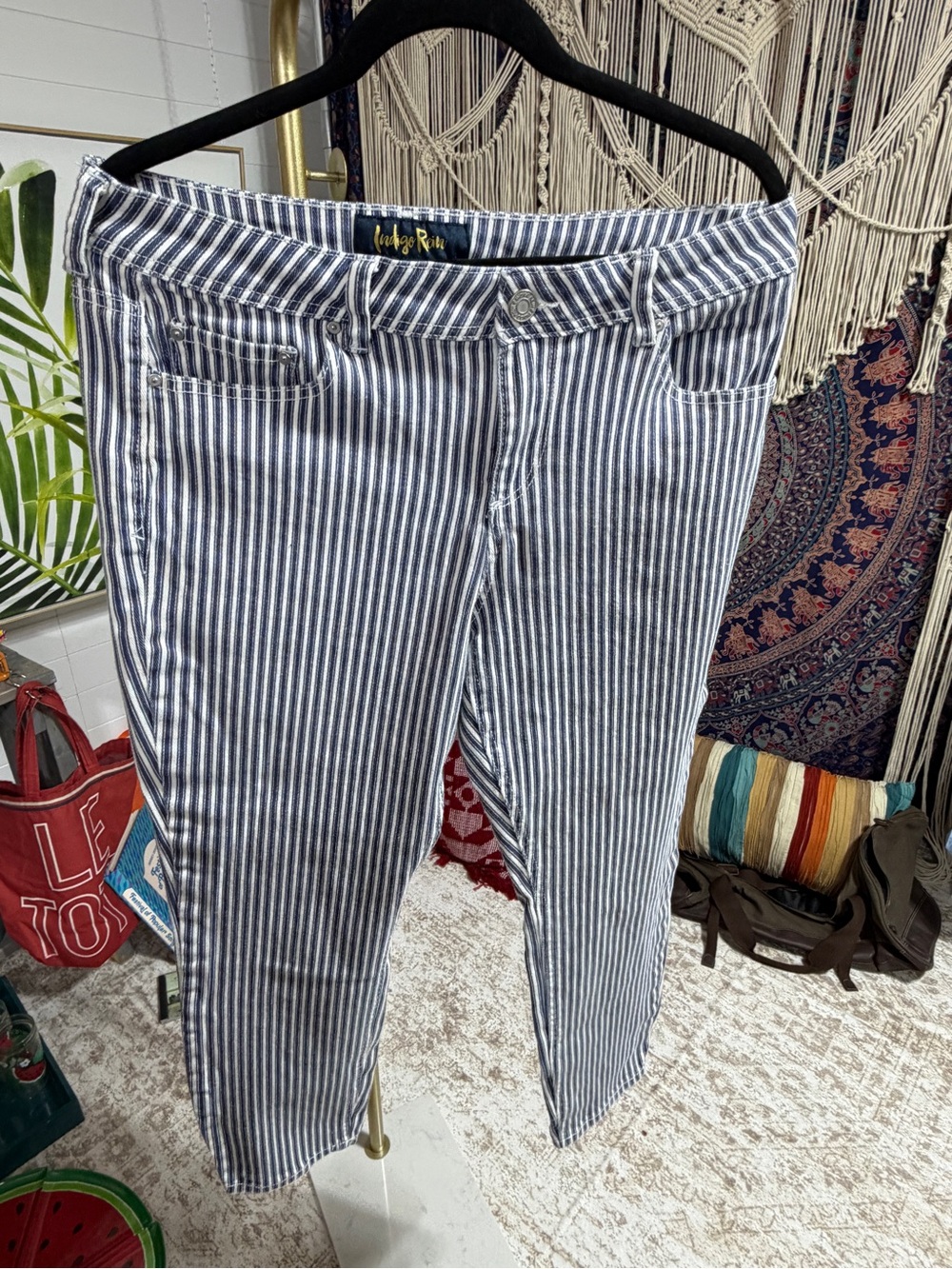 Indigo Rein Blue and White Striped Cropped Jeans